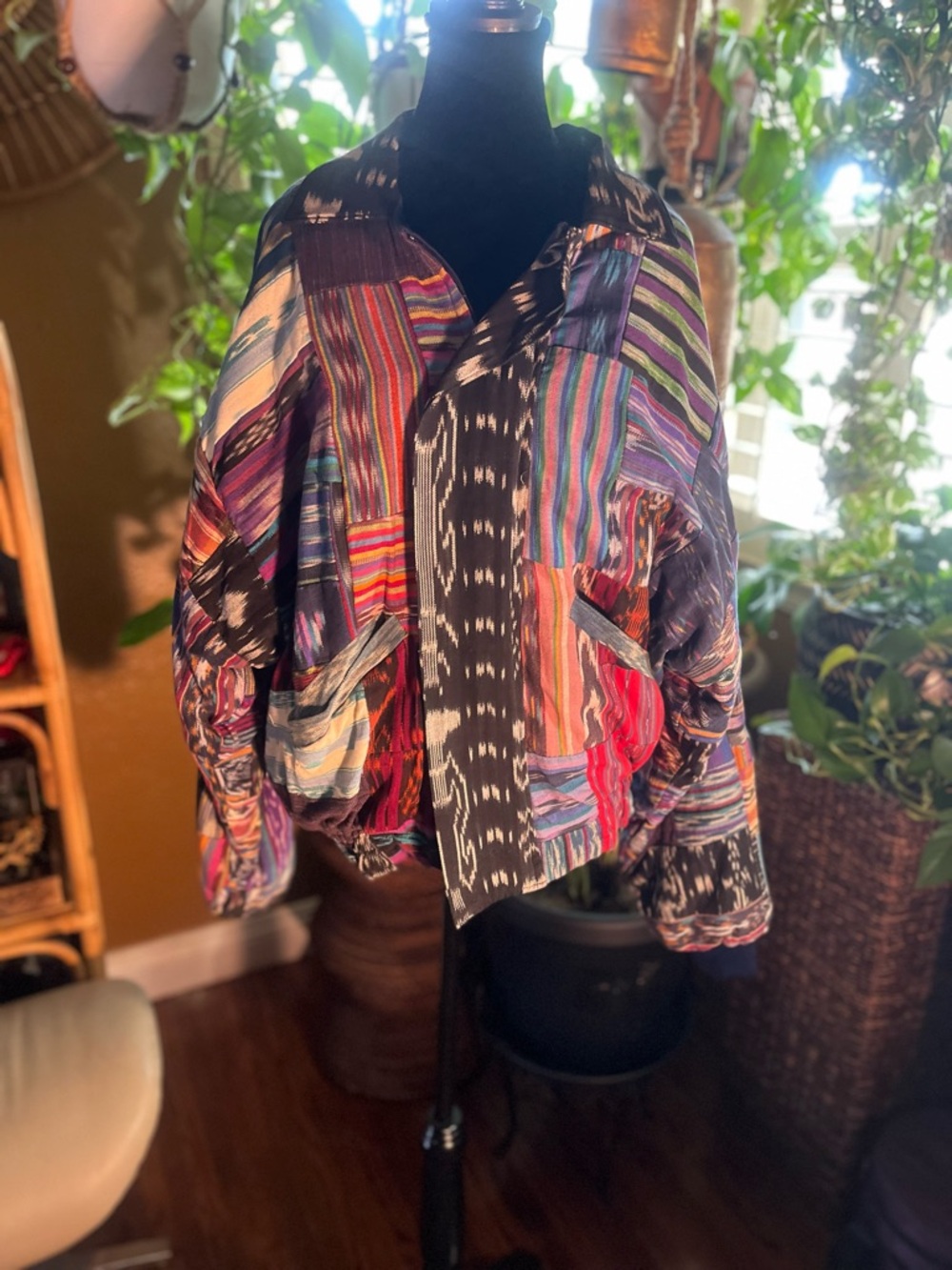 Bolero Men’s Vintage Colorful Patchwork Boho Zip Jacket size Large